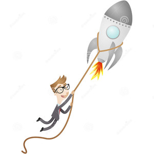 image of rocket launch with man hanging on rope